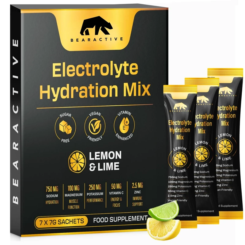 Bearactive Electrolytes Powder Sachets – Sugar-Free Hydration & Rehydration Drink – Lemon Lime Flavour – Electrolytes Sachets with Vitamins C & B12 - Vegan (7 Servings (Pack of 1), Lemon & Lime)