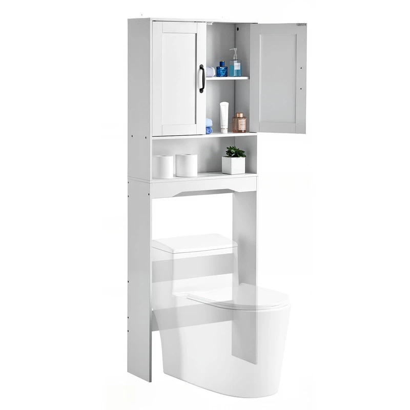 VEVOR Over The Toilet Storage Cabinet, 65 in Height Bathroom Storage Organizer with Double Door and Adjustable Shelf, Bathroom Space Saver Organizer Above Toilet with Open Shelf, White