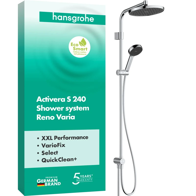 hansgrohe Activera S - Water-Saving Shower System (EcoSmart) with Diverter, Rainfall Shower Head (240 mm), Hand Shower (2 Sprays), Shower Hose, Shower Rail and Head Shower, Chrome, 28074000