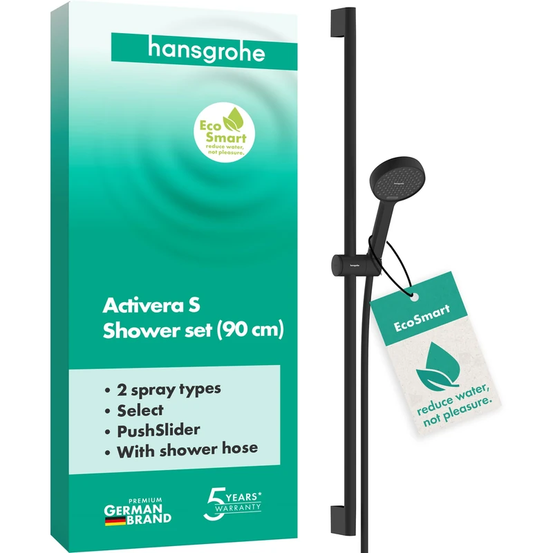 hansgrohe Activera Select S - Shower Set with Shower Head Water-Saving (EcoSmart, 2 Sprays), Shower Hose (1,60 m) and Shower bar (0,90 m), matt Black, 28046670