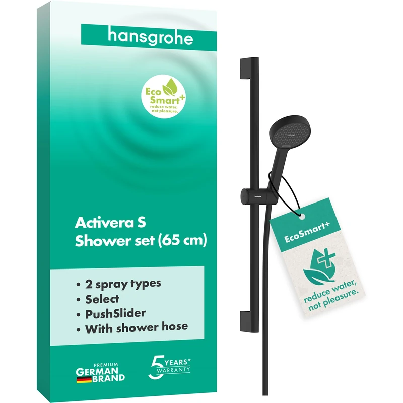 hansgrohe Activera Select S - Shower Set with Shower Head Water-Saving (EcoSmart+, 2 Sprays), Shower Hose (1,60 m) and Shower bar (0,65 m), matt Black, 28045670