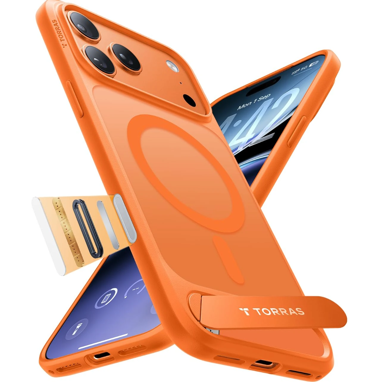 TORRAS OStand L1 for iPhone 17 Pro Case – Durable Titanium Stand, Compatible with Magsafe, Camera Button Shield, 12FT Drop Protection for iPhone 17 Pro Cover – Ember Orange