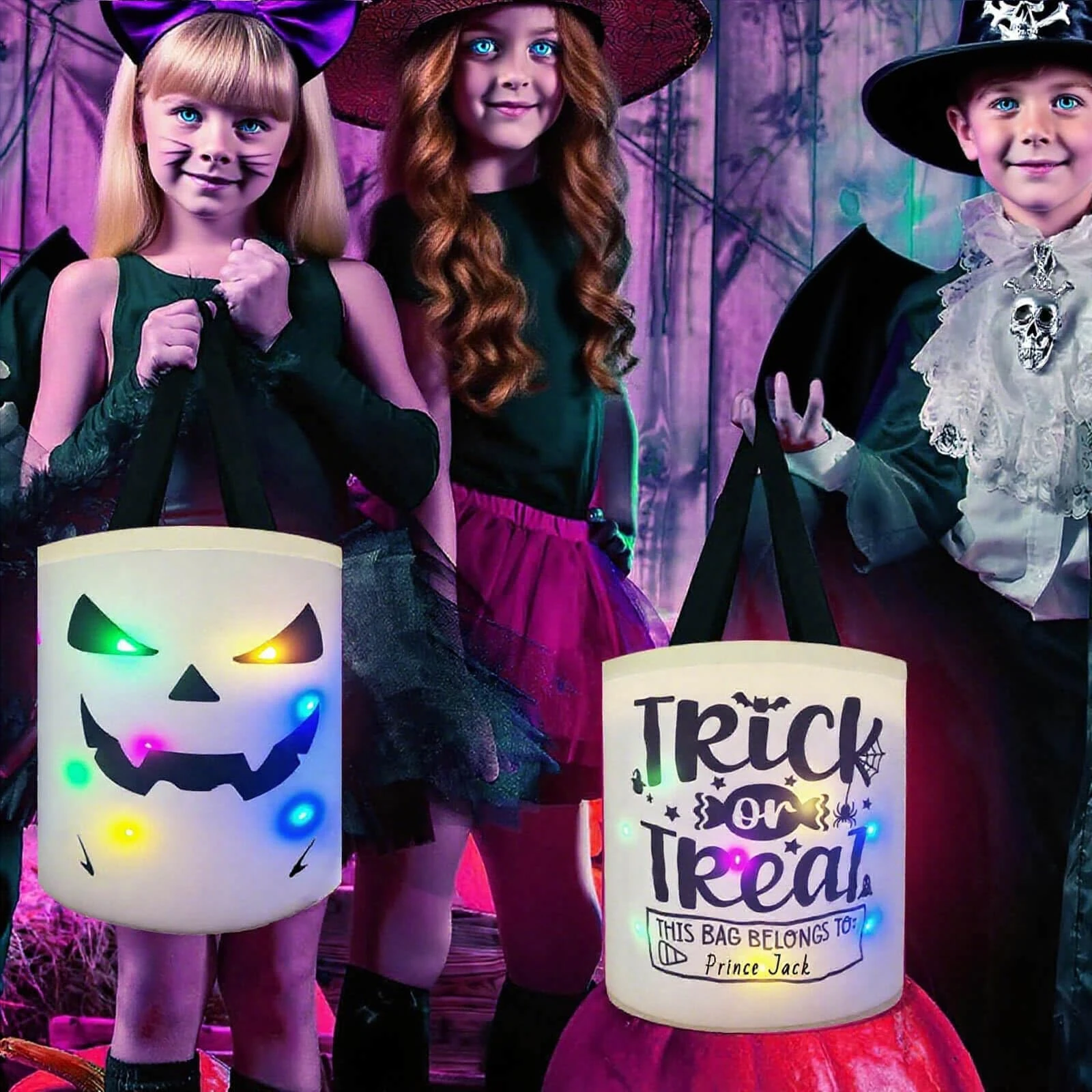 Halloween Trick or Treat Bags Candy Bucket Decoration, Light Up Ghost Basket Multipurpose Reusable Sweet Goody Buckets for Halloween Decor Gifts Scary Party Supplies Favors Spooky Decor 1 Pack