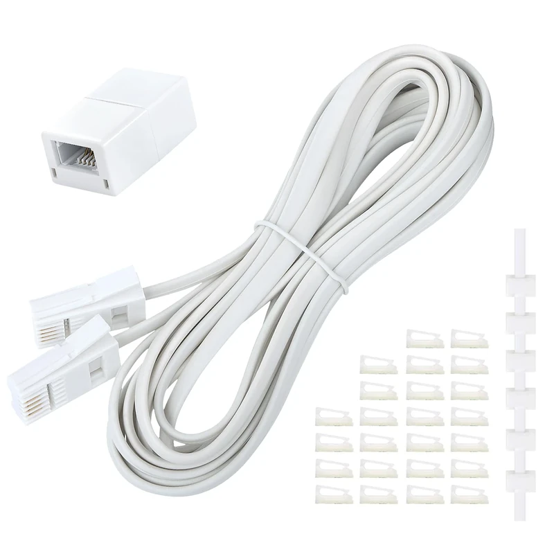 Uvital Phone Extension Cord 33 Ft, Telephone Cable with Standard RJ11 Plug and 1 in-Line Couplers and 20 Cable Clip Holders (BT 6P4C)