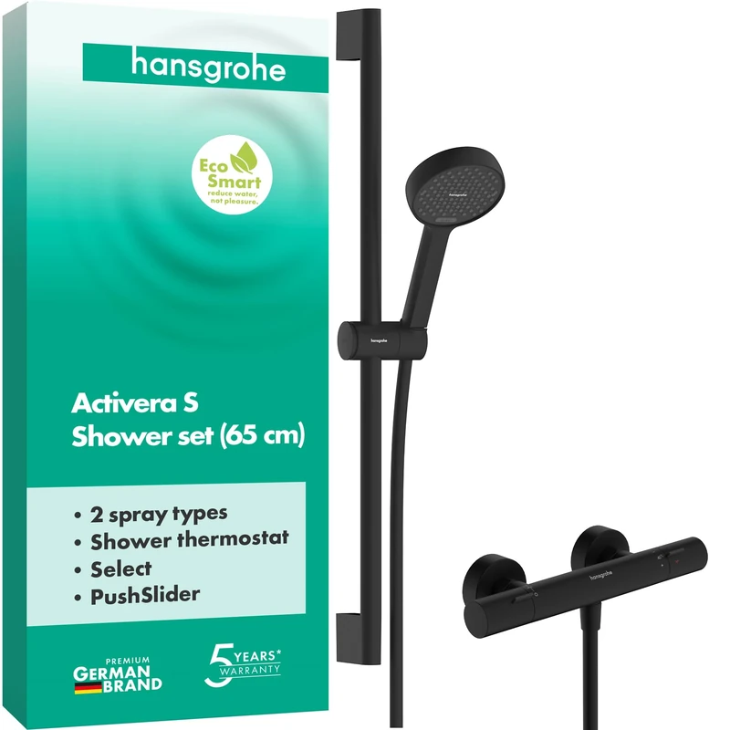 hansgrohe Activera Select S - Shower Set with Thermostat Ecostat Fine, Shower Head Water-Saving (EcoSmart), Shower bar (65 cm), Shower Hose (1,60 m) and Shower Head Holder, matt Black, 28876670