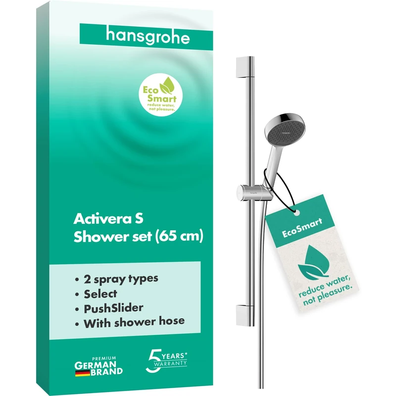 hansgrohe Activera Select S - Shower Set with Shower Head Water-Saving (EcoSmart, 2 Sprays), Shower Hose (1,60 m) and Shower bar (0,65 m), Chrome, 28044000