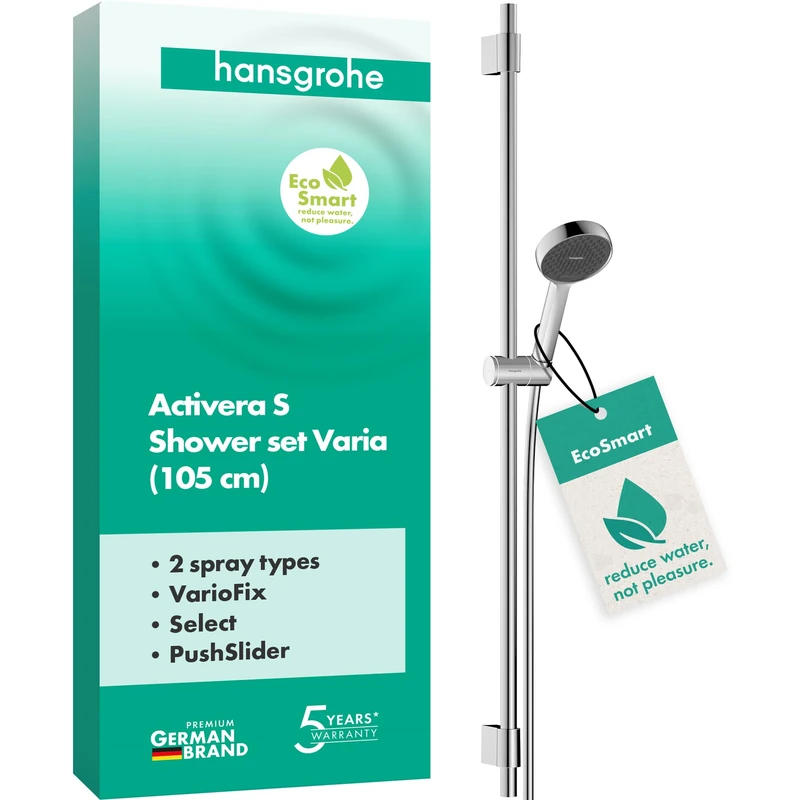 hansgrohe Activera Select S - Shower Set with Shower Head Water-Saving (EcoSmart, 2 Sprays), Shower Hose (1,60 m) and Shower bar (105 cm) with Variable Drilling Hole Distance, Chrome, 28050000