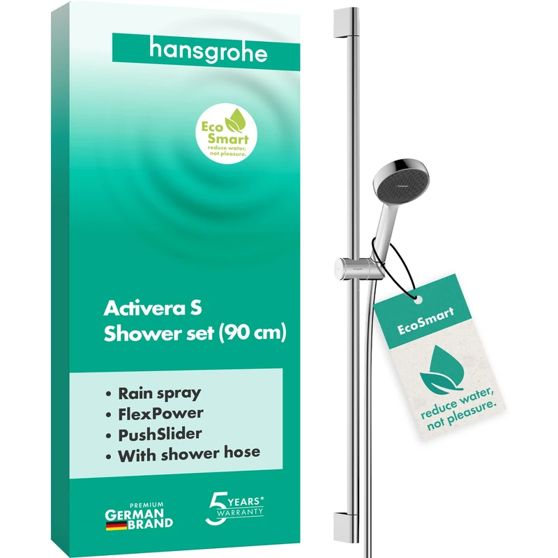 hansgrohe Activera S - Shower Set with Shower Head Water-Saving (EcoSmart, 2 Sprays), Shower Hose (1,60 m) and Shower bar (0,90 m), Chrome, 28042000
