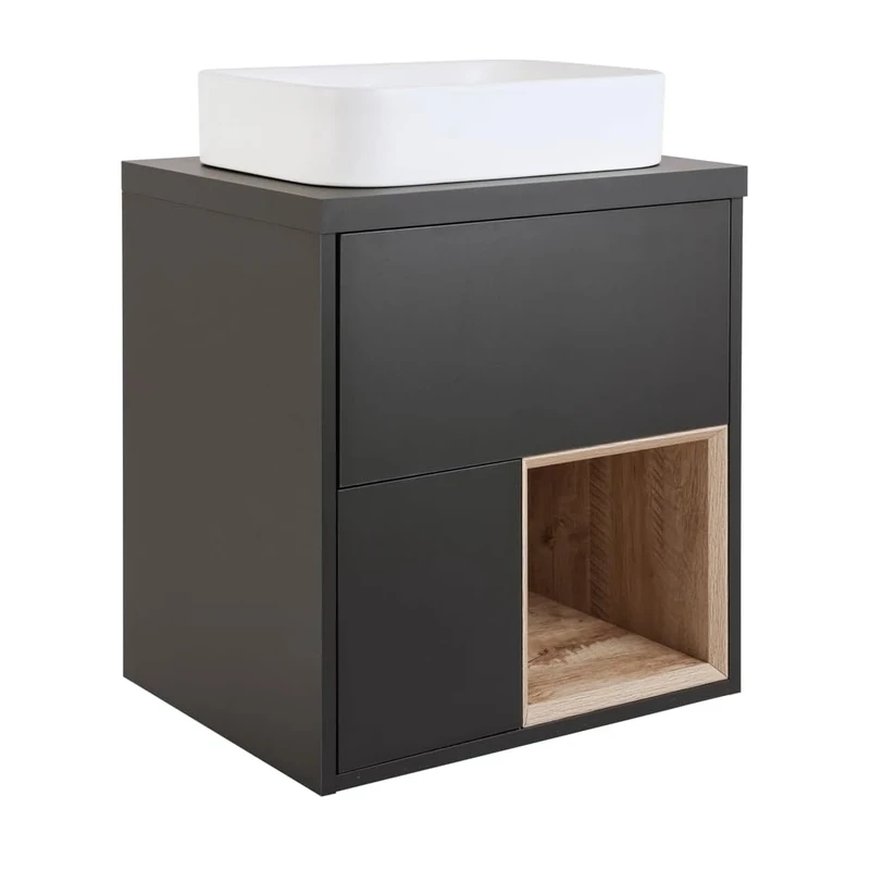 Milano Bexley Black Grey 600mm LED Lit Wall Hung Bathroom Vanity Unit Rectangular Chalk Basin