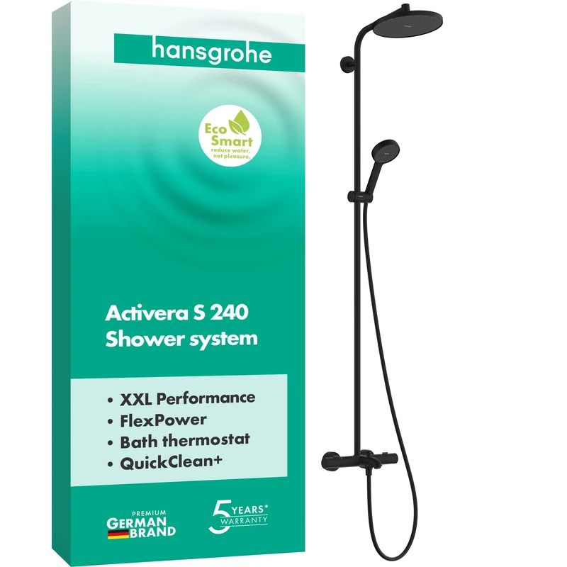 hansgrohe Activera S - Water-Saving Shower System (EcoSmart) with Bath Thermostat, Rainfall Shower Head (240mm), Hand Shower (2 Sprays), Shower Hose, Shower Rail and Head Shower, matt Black, 28871670