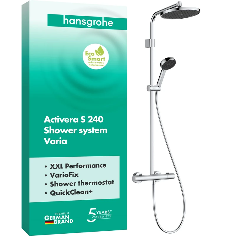 hansgrohe Activera S - Water-Saving Shower System (EcoSmart) with Thermostat, Rainfall Shower Head (240 mm), Hand Shower (2 Sprays), Shower Hose, Shower Rail and Head Shower, Chrome, 28078000