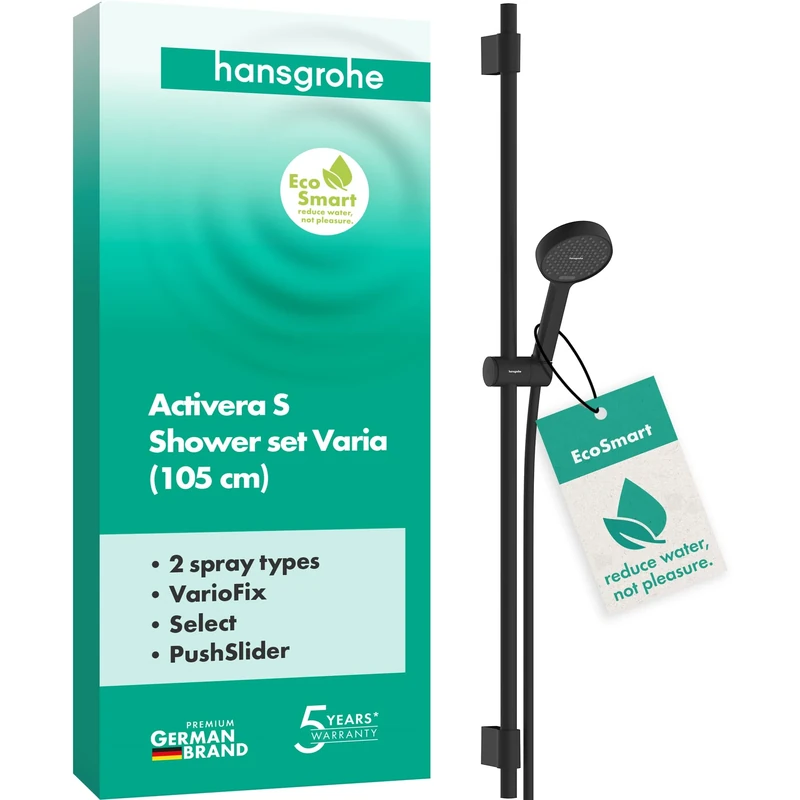 hansgrohe Activera Select S - Shower Set with Shower Head Water-Saving (EcoSmart, 2 Sprays), Shower Hose (1,60 m) and Shower bar (105 cm) with Variable Drilling Hole Distance, matt Black, 28050670