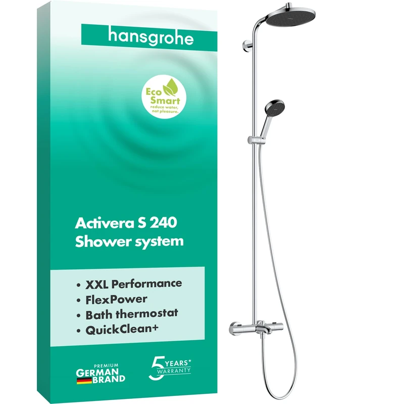 hansgrohe 28871000 Activera S Showerpipe 240 1jet EcoSmart with Bath Thermostat Ecostat Fine, Chrome