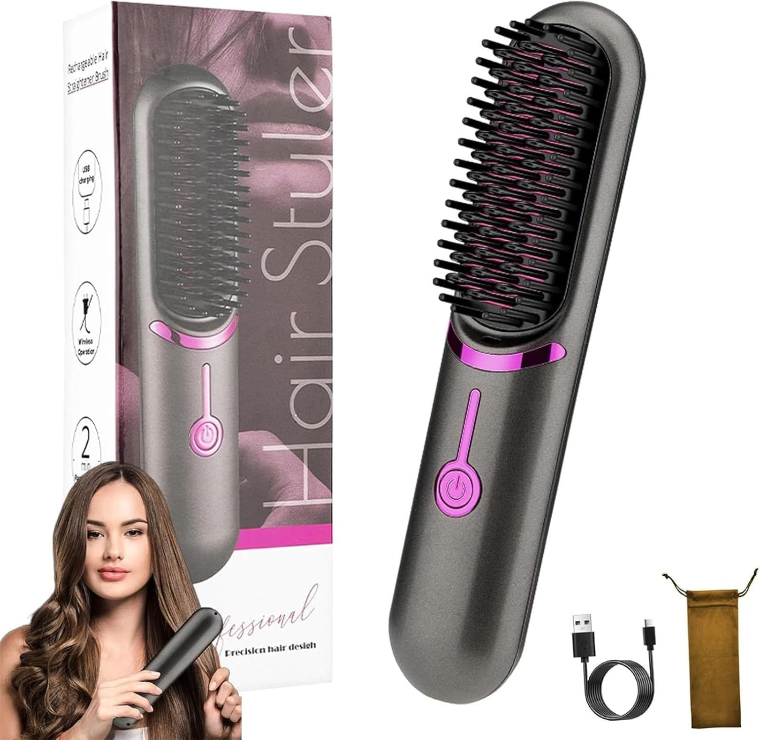 Styluse Hair Straightener Brush, Wireless Ceramic Hair Brush Comb for Both Straightening & Curling, Smart Temperature Control Rechargeable, Portable Design, Anti-scalding (Grey)