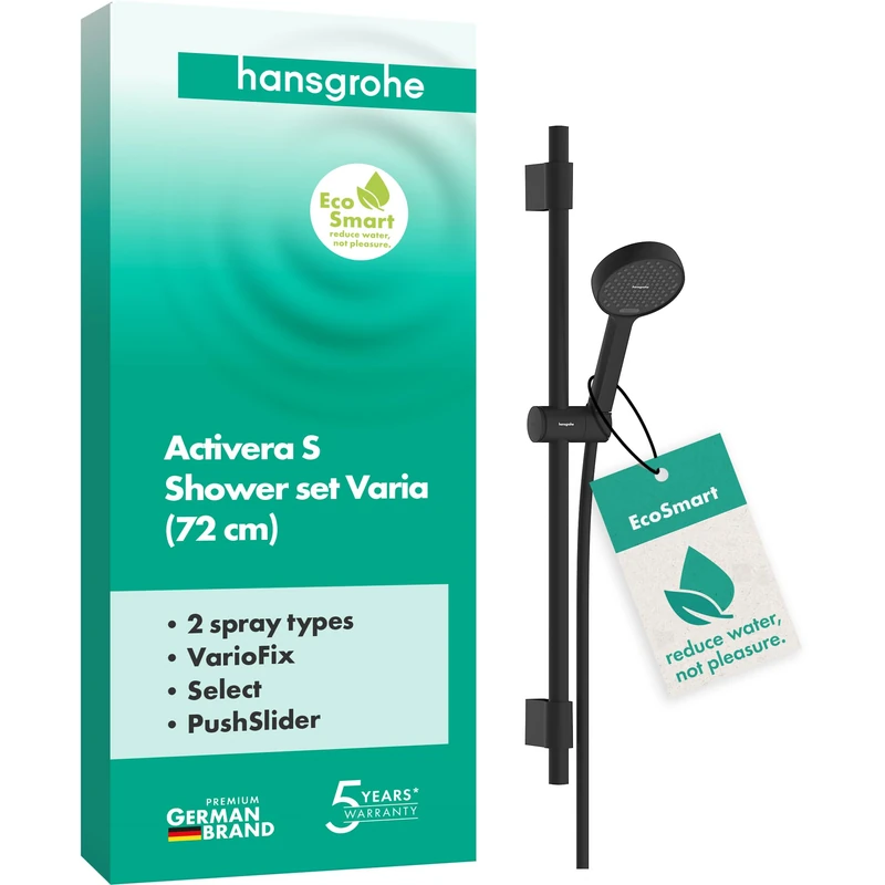 hansgrohe Activera Select S - Shower Set with Shower Head Water-Saving (EcoSmart, 2 Sprays), Shower Hose (1,60 m) and Shower bar (72 cm) with Variable Drilling Hole Distance, matt Black, 28048670