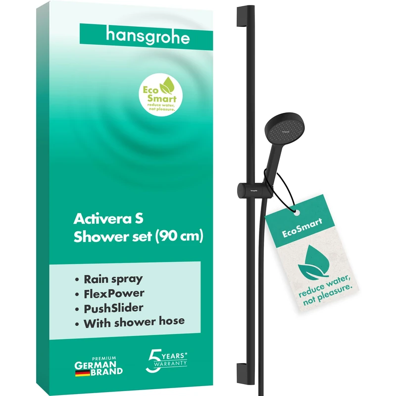 hansgrohe Activera S - Shower Set with Shower Head Water-Saving (EcoSmart, 2 Sprays), Shower Hose (1,60 m) and Shower bar (0,90 m), matt Black, 28042670