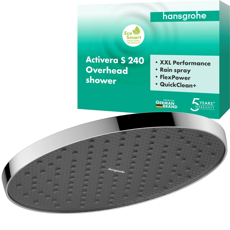 hansgrohe Activera S - Water-Saving Head Shower (EcoSmart), Shower Head Round (240 mm), Rainfall Shower Head 1 Spray for Wall or Ceiling mounting, Anti-limescale, Chrome, 28056000