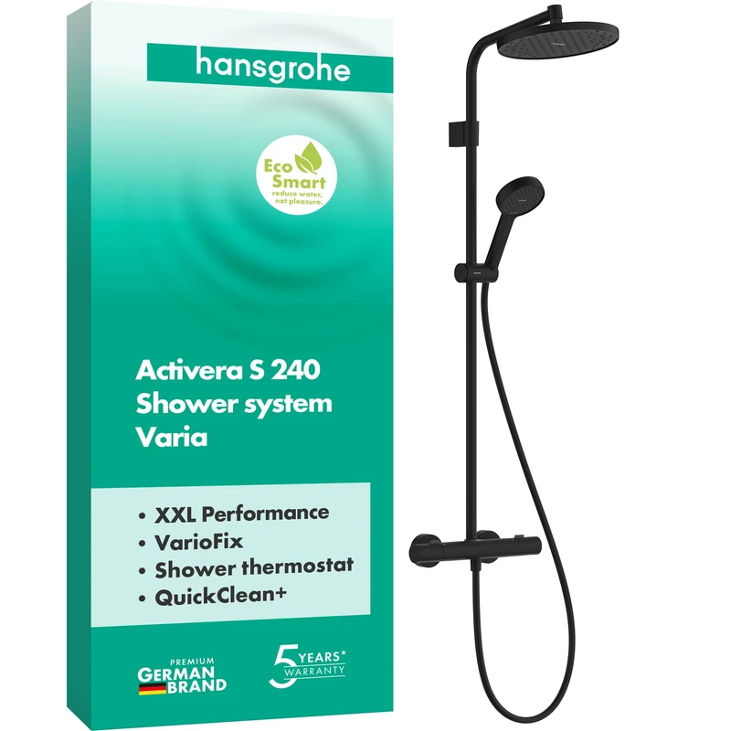 hansgrohe Activera S - Water-Saving Shower System (EcoSmart) with Thermostat, Rainfall Shower Head (240 mm), Hand Shower (2 Sprays), Shower Hose, Shower Rail and Head Shower, matt Black, 28078670