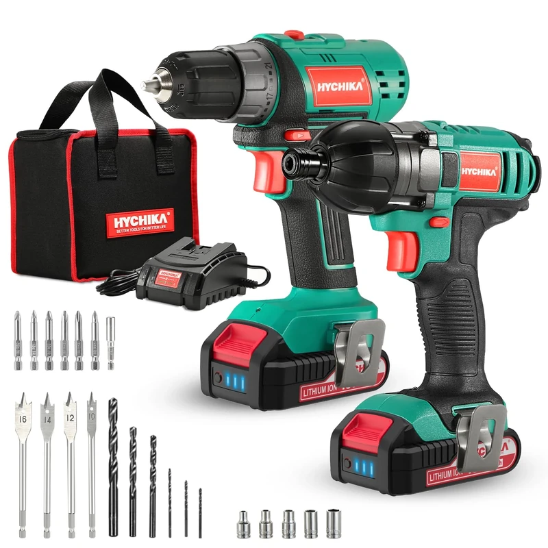HYCHIKA Cordless Drill Driver 18V, Electric Screwdriver 35 N.m, Impact Driver 160 N.m, Combi Drill, 21+1 Torque Set, 2-Speed, LED Light, 2 x 2.0AH Battery, Charger for Home and Garden DIY