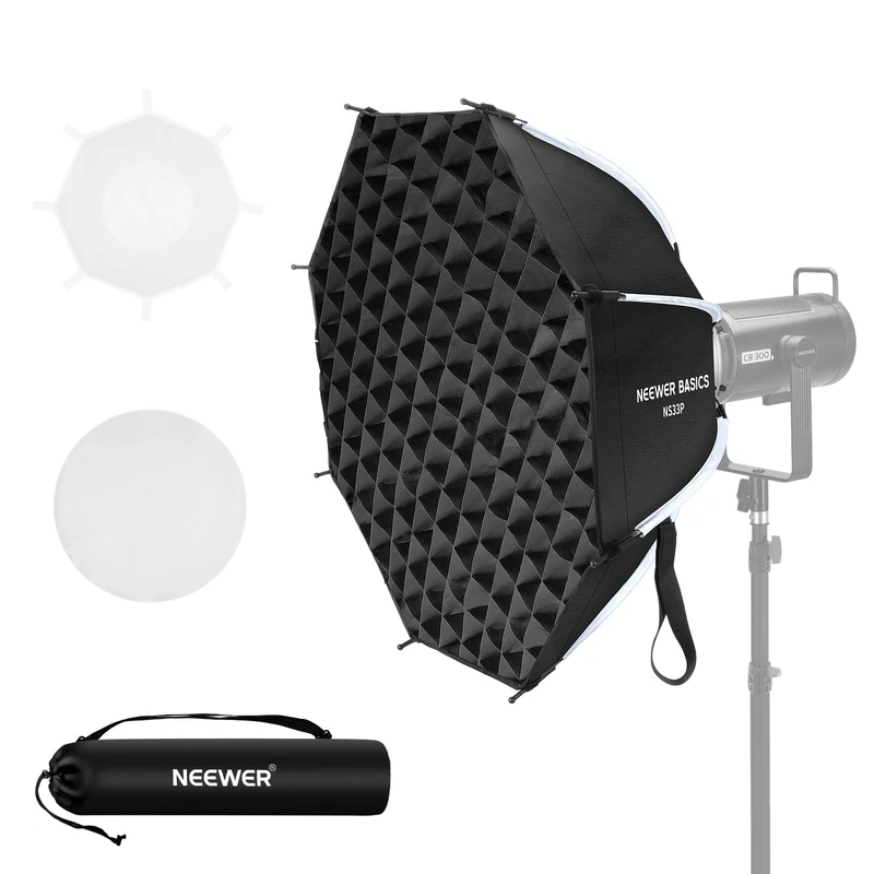 NEEWER Basics Octagonal Softbox Kit for Studio Photography Video Recording Streaming, 25.6"/65cm Quick Release Bowens Mount Softbox/Grid/Light Diffusers for Continuous Lighting & Strobe Flash, NS33P