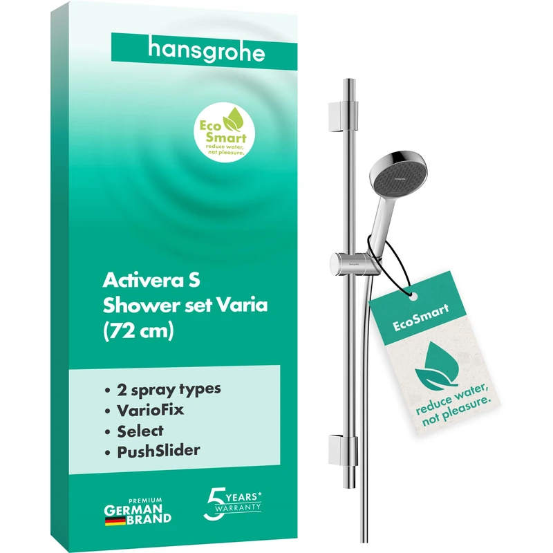 hansgrohe Activera Select S - Shower Set with Shower Head Water-Saving (EcoSmart, 2 Sprays), Shower Hose (1,60 m) and Shower bar (72 cm) with Variable Drilling Hole Distance, Chrome, 28048000