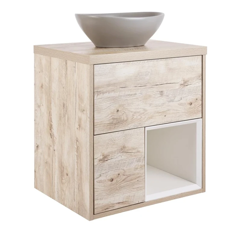 Milano Bexley Light Oak 600mm LED Lit Wall Hung Bathroom Vanity Unit Oval Pebble Basin