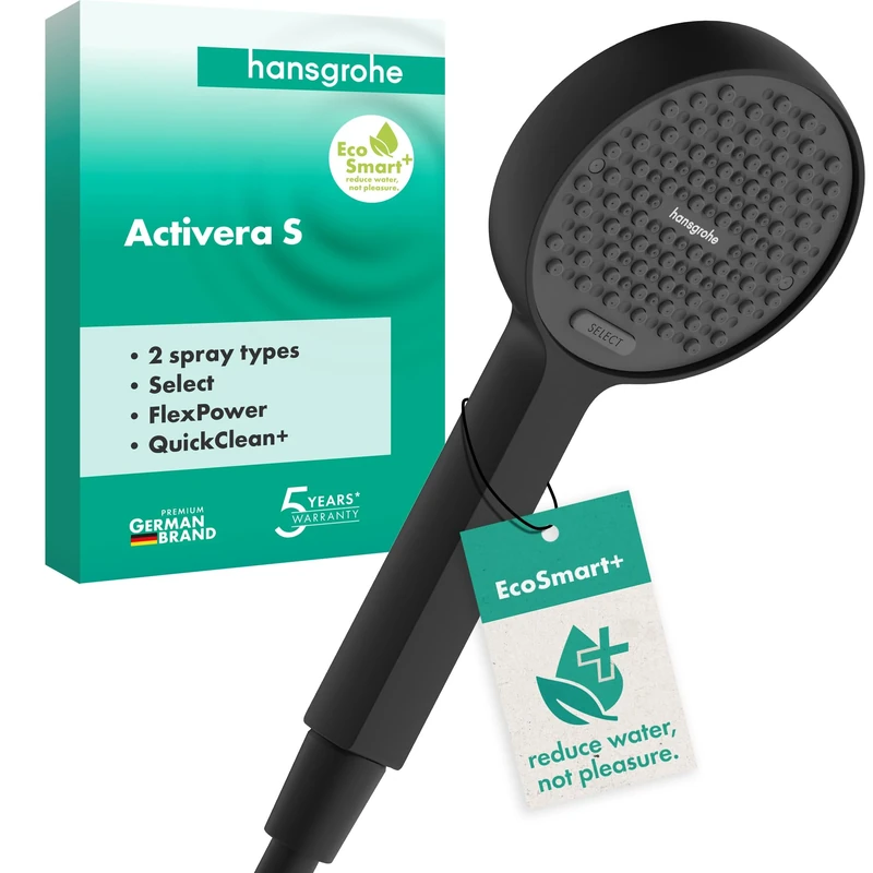 hansgrohe Activera Select S - Water-Saving Shower Head 6 l/min (EcoSmart+), Hand Shower Round with 2 Sprays, with Anti-limescale Function, matt Black, 28034670