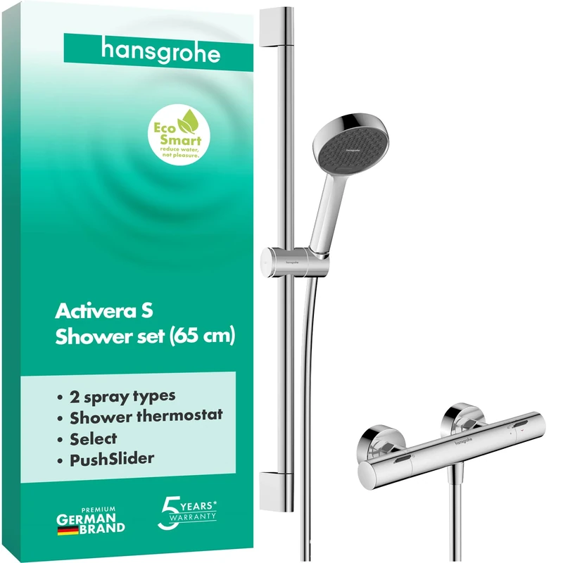 hansgrohe Activera Select S - Shower Set with Thermostat Ecostat Fine, Shower Head Water-Saving (EcoSmart), Shower bar (65 cm), Shower Hose (1,60 m) and Shower Head Holder, Chrom, 28876000
