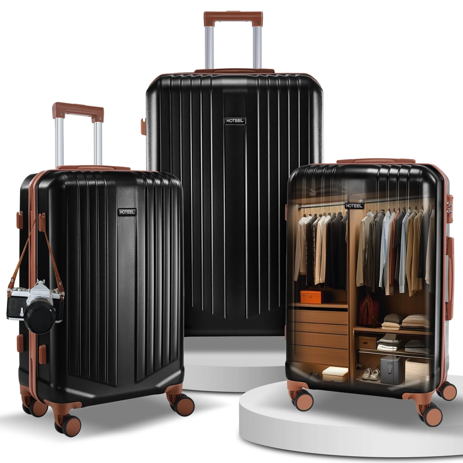 Hoteel Luggage Sets 3 Piece and 5 Piece, ABS PC Suitcases with Wheels Hardshell, Black, 3 Pieces (20/DB/TB), Travel