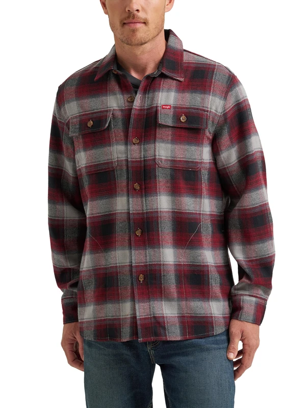 Wrangler Authentics Men's Long Sleeve Flannel Shirt Jacket, Syrah Plaid, XL