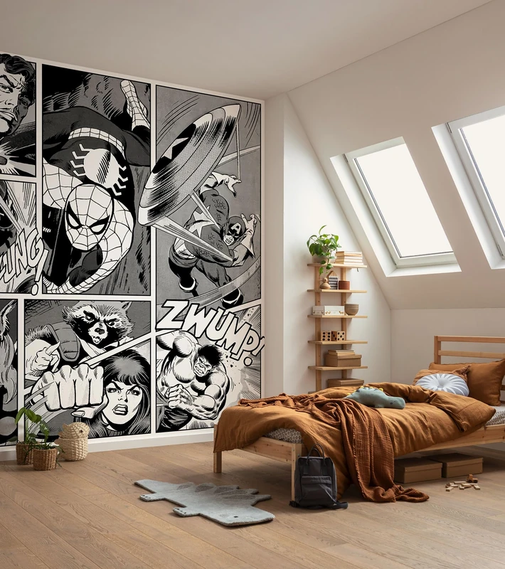 Vinyl Wallpaper Marvel Classic Comic Panel Monochrome - Size 212 x 250 cm, 1 Roll of 4 Panels, Children's Room, Wallpaper, Superheroes