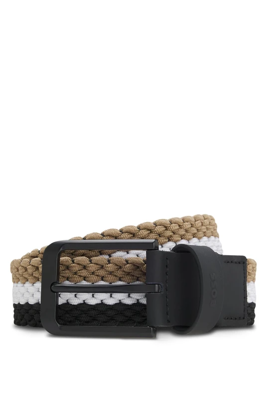 BOSS Hugo Mens Vern Woven Golf Belt - Beige/White/Black - 32" Waist