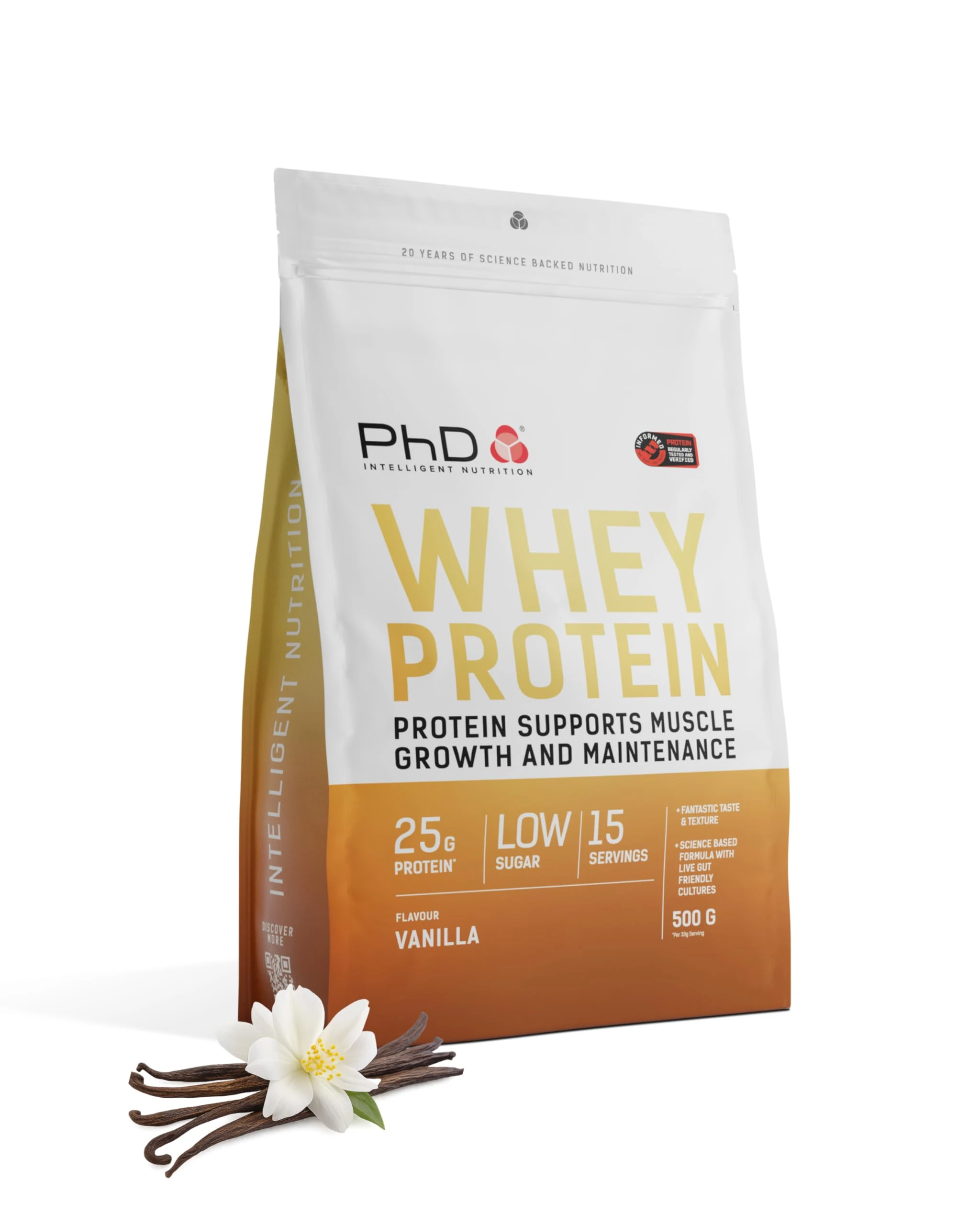 PhD Nutrition Whey Powder 500g Vanilla – with 25g Informed Protein per Serving, enriched with Well-Tolerated Cultures