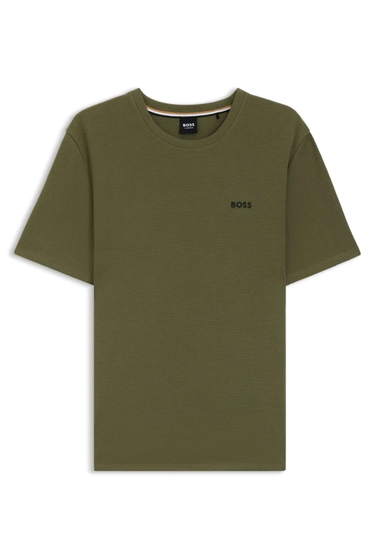 BOSS Mens Waffle T-Shirt Cotton-Blend Pyjama T-Shirt with Embroidered Logo
