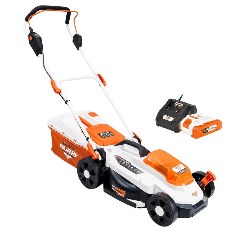 RURIS RXI3324e Cordless Lawnmower - Cutting Width 33cm, Height 25-75mm, 3-in-1 Function (Pickup, Rear Ejection, Mulching), 20V 4Ah Li-ION Battery and Charger Included