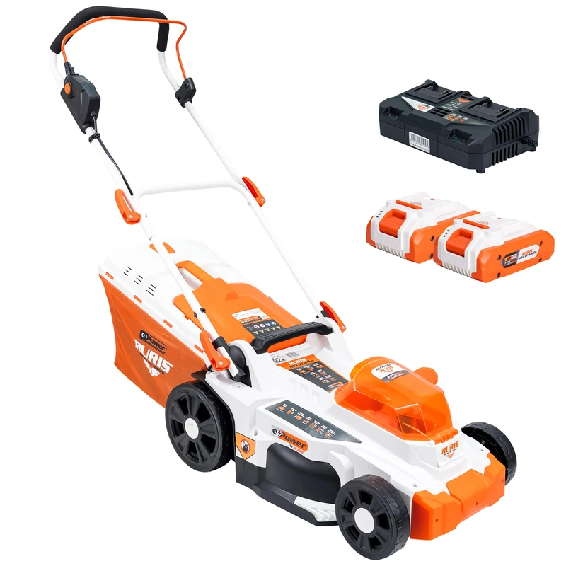 RURIS RXI3744e Cordless Lawnmower - Cutting Width 37 cm, Height 25-75 mm, 3-in-1 Function (Pickup, Rear Ejection, Mulching), 2 x 20V 4Ah Li-ion Batteries and Dual Charger Included