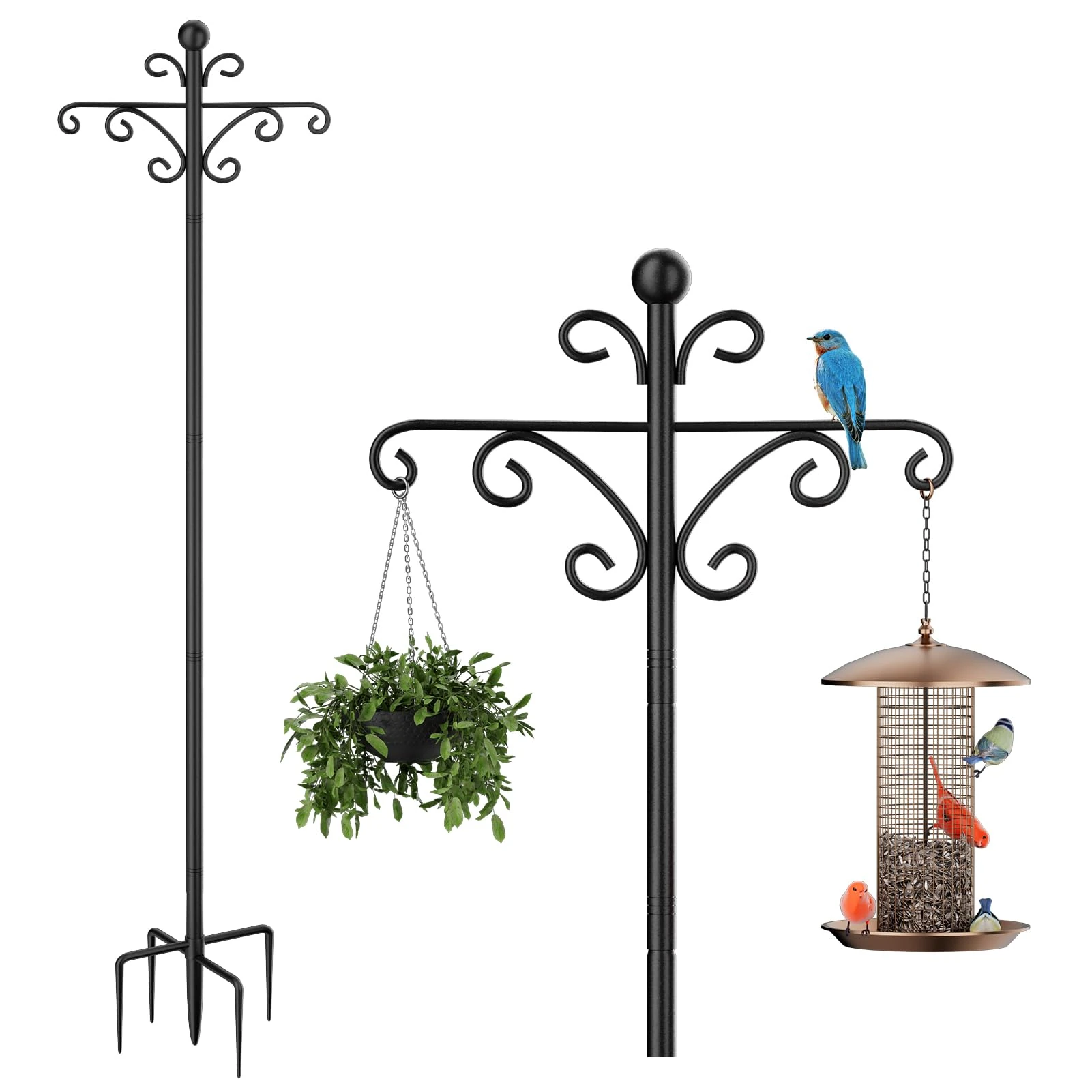 Bird Feeders Hanging Station, 194cm Free Standing Bird Feeder Poles Hangers with Double Crooks Hook, Heavy Duty Metal bird tables for Garden, Outdoor, Lanterns, Light- 03