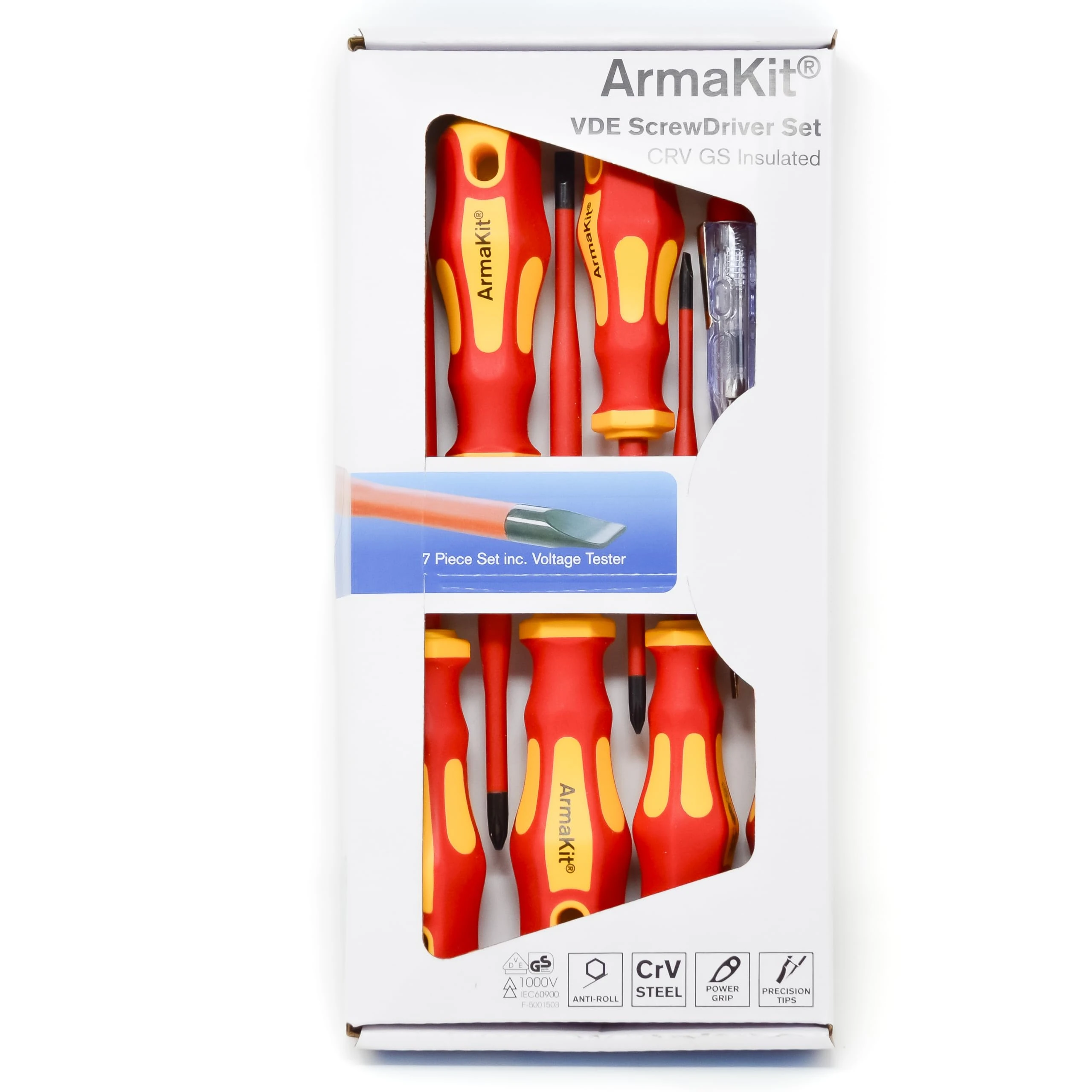 ArmaKit VDE Electrical Screwdriver Set - 7 Piece Insulated Terminal Kit Tested and Certified to IEC60900 1000v (AKVDE-7)