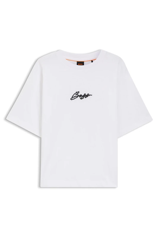 BOSS Womens C Eregular Cotton-Jersey T-Shirt with Printed Artwork White