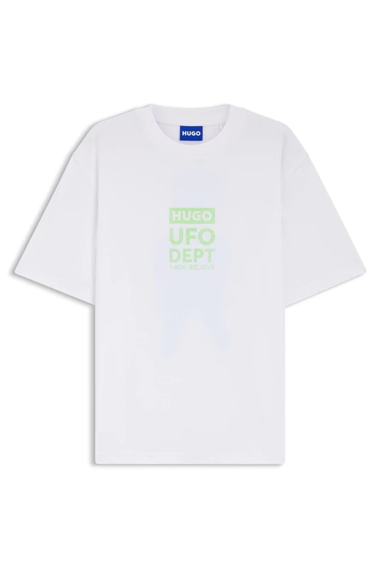 HUGO Mens Nufotee Cotton-Jersey T-Shirt with Printed Artwork White
