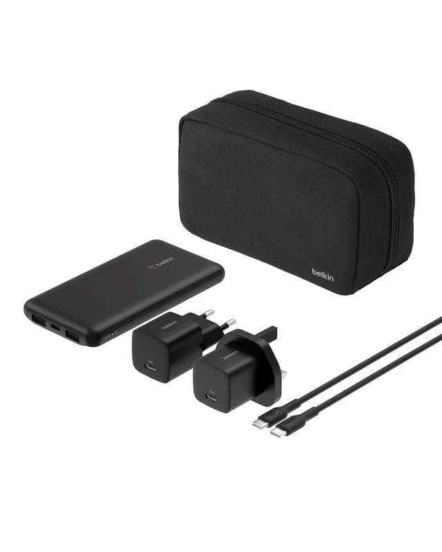 Belkin Portable Charger, 5-in-1 Power Bundle with 10000 mAh Power Bank, 2-25W USB-C Charging Block, EU/UK Plug, 60W USB-C Cable, and Travel Pouch – Fast Charging for Multiple Devices, Compact Design