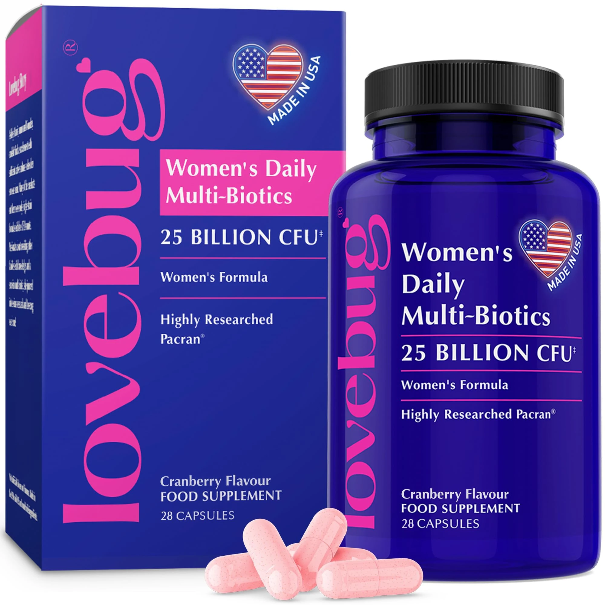 Lovebug Women’s Probiotics with Cranberry (Pancran®) – 25 Billion CFU Multi-Strain Formula - Friendly Bio Cultures for Womens Intimate Flora - 28 Capsules