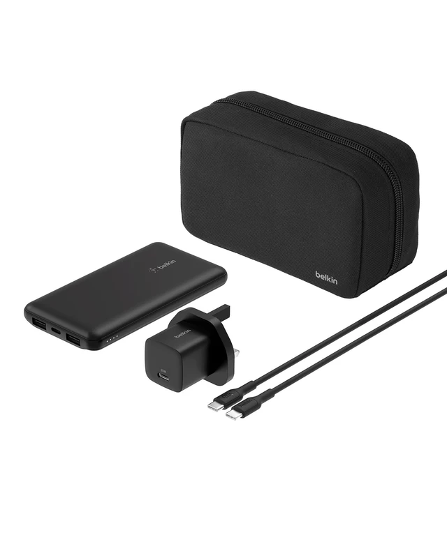 Belkin Portable Charger, 4-in-1 Power Bundle with 10000 mAh Power Bank, 25W USB-C Charging Block, 60W USB-C Cable, and Travel Pouch – Fast Charging for Multiple Devices, Compact Design for Travel