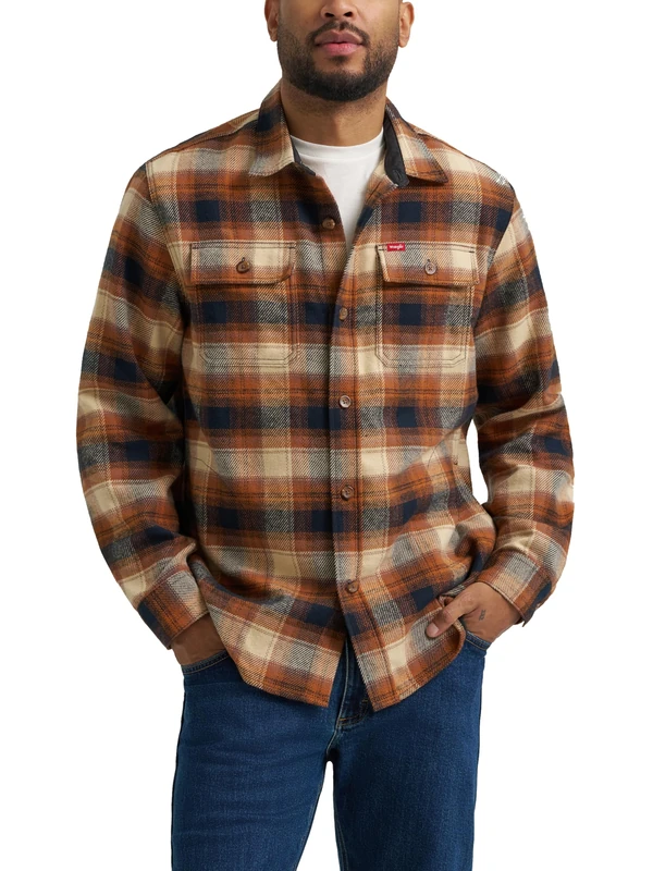 Wrangler Authentics Men's Long Sleeve Flannel Shirt Jacket, Glazed Ginger Plaid, M