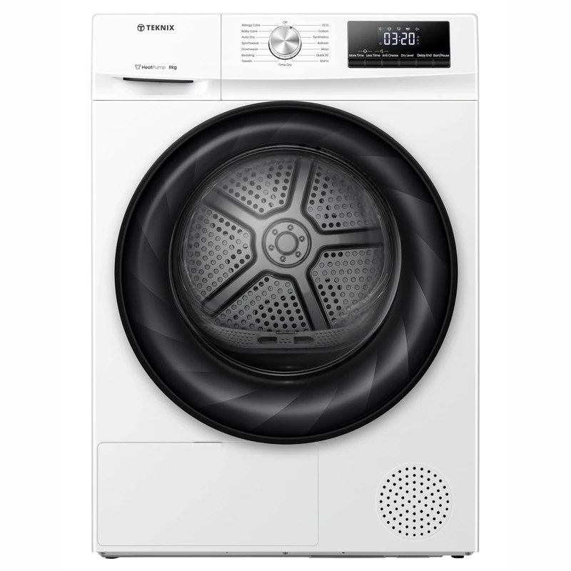 Teknix TKHP8HW 60cm Freestanding 8kg Heatpump Front Load Tumble Dryer - AI Sensor Dry - Allergy Care - White - A++ Rated