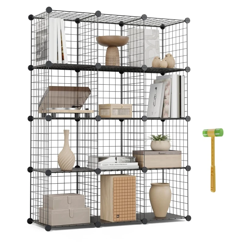 NEWLUX - Multipurpose Storage Shelving 12 Cubes (125 x 94.5 x 31.5 cm), Up to 120 kg Capacity. Modular Iron Metal Shelving | Shoe Rack or Open Wardrobe, Black