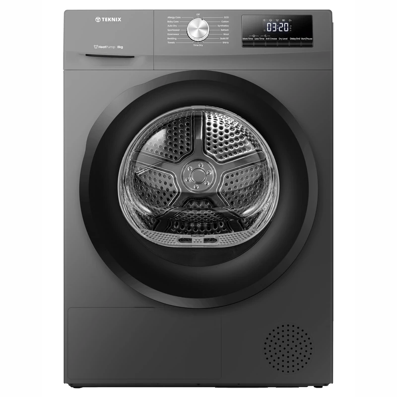 Teknix TKHP8HS 60cm Freestanding 8kg Heatpump Front Load Tumble Dryer - Garage Safe - AI Sensor Dry - Allergy Care - Drying Rack - Titanium - D Rated - Image 1