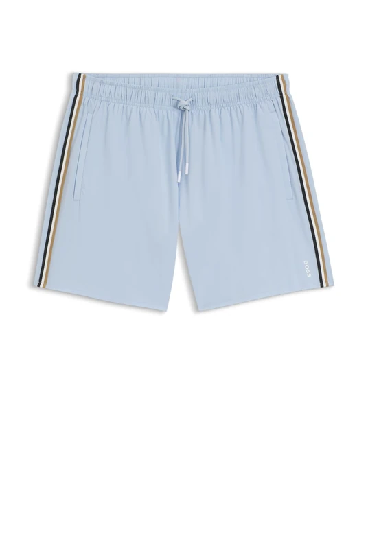 BOSS Mens Iconic Recycled-Material Swim Shorts with Logo and Signature Stripe