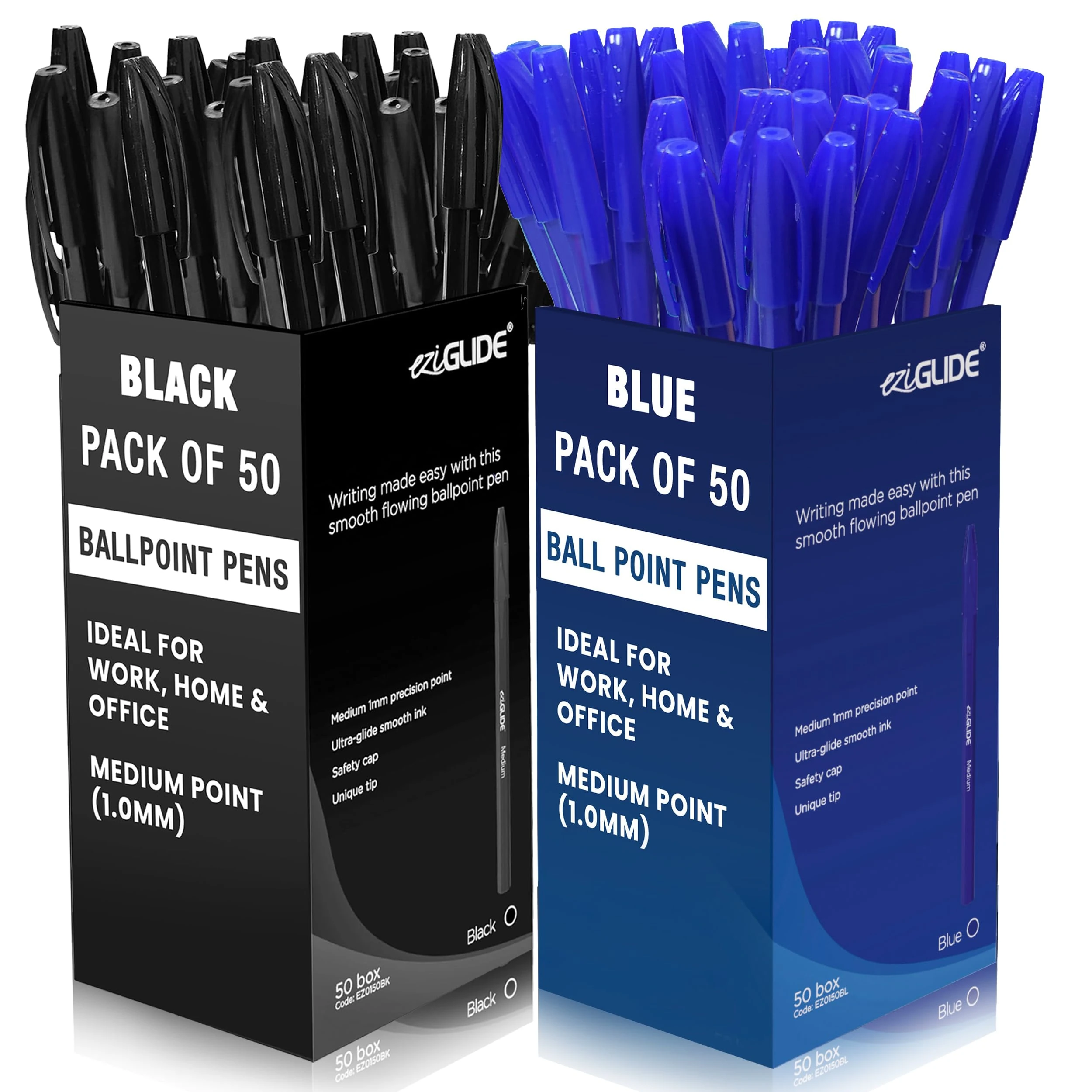 Eziglide Ballpoint Pens Multipack, Blue & Black Ink 2 x 50 Pack Blue & Black Biro Pens Multipack with Medium Point (1.0mm), Smooth Handwriting & Consistent Flow Stick Ballpoint Pen