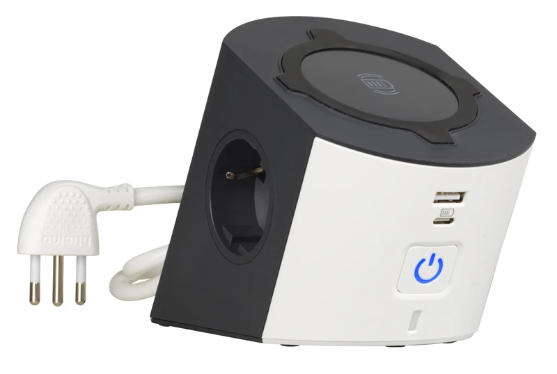 BTICINO Desktop Power Strip S3714DBUW, 5-Way Electric Power Socket, 15W Wireless Charger, USB A+C Sockets, 2 Schuko Sockets, Electric Power Strip with Switch and LED, Small Plug 10A, Cable 2 Metres